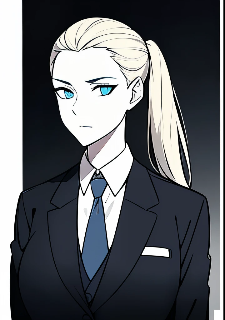 One Young Adult female, pale blonde slicked back into a short ponytail with a single bang on the left hand side, steel blue eyes, light and carefree expression, wearing black suit jacket and tie, portrait style, facing forwards