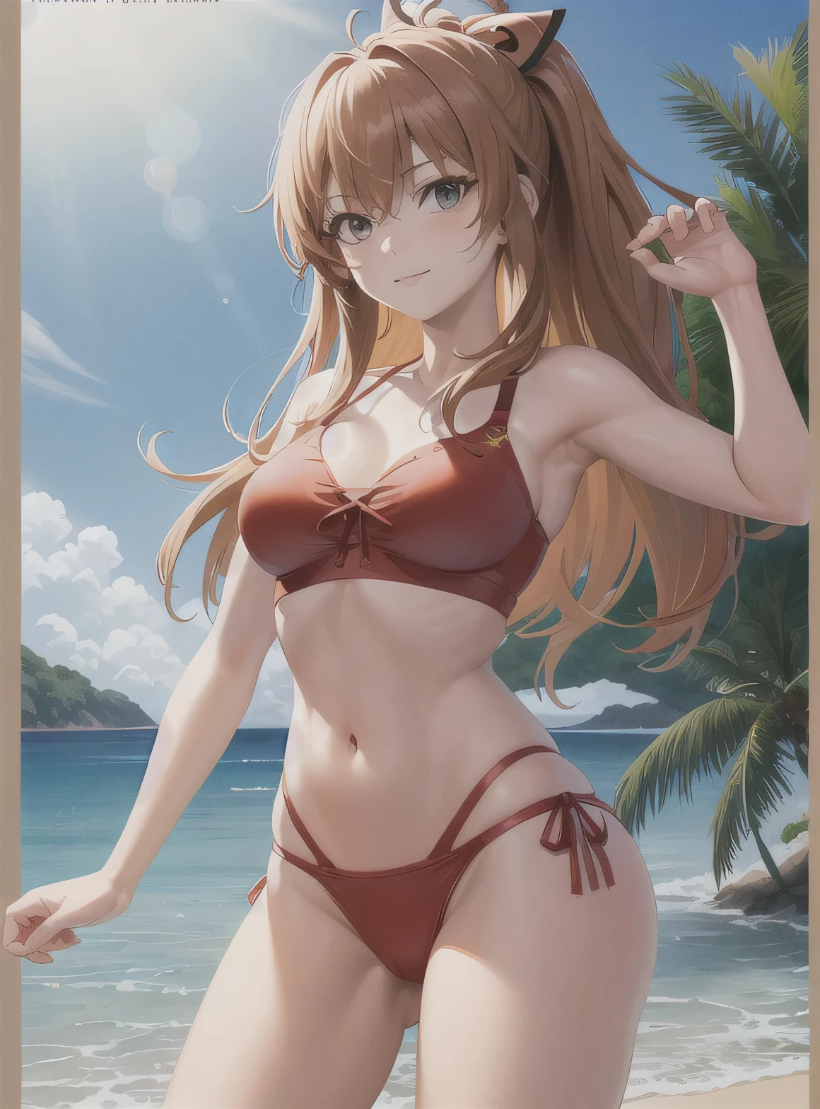 Asuka Langley Soryu, Evangelion, Asuka Langley, beach, Palm tree, swimsuit, long hair, bangs, blue eyes, brown hair, hair ornaments, mature woman, looking at the viewer, cowboy shot, dutch angle, dynamic pose,joy,origin,(beautiful face),(realistic face, perfect eyes,1.1),analog style,RAW,real life photo,medium quality,normal aesthetic,break,1girl,(japanese girl:1.1),(round face:1.3),break,(intricate underwear),(masterpiece, highest quality, 16K), delicate, Detailed, Sharp, 1 girl, smile