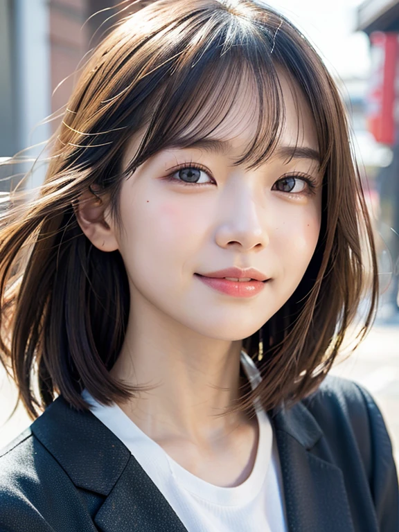 With the alleys of Kyoto in the background、18 year old girl、independent、facing forward、Light eye makeup、brown hair color、Flat 、hair blowing in the wind、quality of actress、shiny, super realistic face、smileの表情、Moist eyes、look up、calming lighting effect、 ultra-realistic capture、very detailed、High resolution 16K close-up of human skin。Skin texture must be natural、Must be detailed enough to see pores、skin is healthy、Must be even tone、Use natural light and color、High quality photos taken by a modeling agency&#39;Exclusive photographer、smile