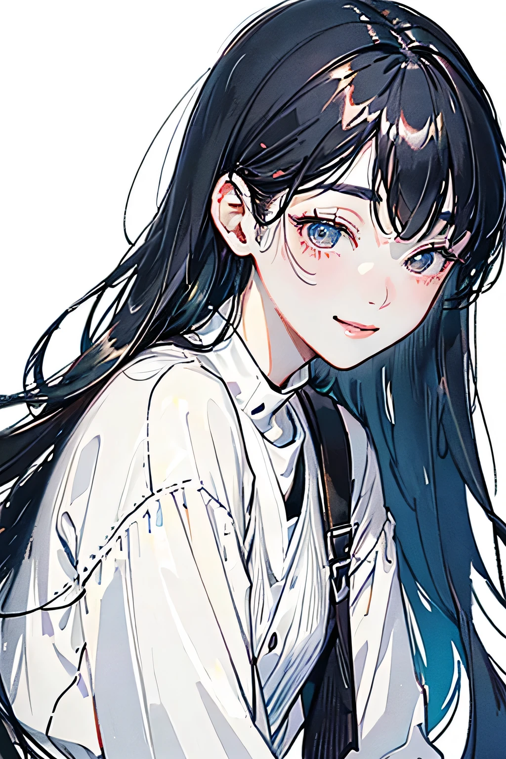 black hair girl、detailed face、profile、temporary、lipstick、best image quality、droopy eyes,droopy eyes、simple、smile、white clothes、Bright pigment、Patsun bangs、whole body、take a pose,gem