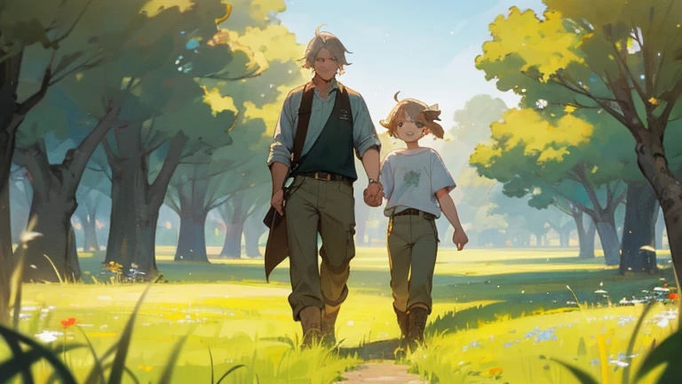 (best quality,4k,8k,highres,masterpiece:1.2)
A boy with short blonde hair and a man with long light grey hair tied in a ponytail are walking together in a field. The boy is approximately 10 years old, while the man appears to be his father. Both of them are smiling, radiating warmth and happiness. The atmosphere is filled with love and joy.

The field is lush and green, with tall grass swaying gently in the breeze. There are colorful wildflowers scattered throughout the landscape, adding a touch of vibrancy to the scene. The sky above is a clear blue, creating a beautiful backdrop for the duo's walk.

Their clothes are casual yet stylish. The boy is wearing a patterned t-shirt, denim shorts, and comfortable sneakers. The man is dressed in a crisp white shirt, khaki pants, and leather boots. Their attire reflects their individual personalities while still complementing each other.


The boy's eyes sparkle with innocence and curiosity, while the man's eyes exude wisdom and kindness. Their facial features are intricately detailed, capturing their unique characteristics and expressions.

The field stretches out into the distance, with rolling hills and distant trees creating a picturesque backdrop. The warm sunlight illuminates the scene, casting soft shadows and highlighting the textures of the grass and flowers.

The overall lighting is soft and diffused, giving the scene a warm and cozy ambiance. The sunlight creates a gentle glow, casting a natural and flattering light on the characters and the surrounding landscape.