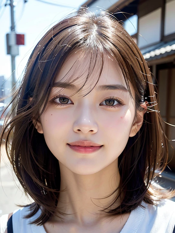 With the alleys of Kyoto in the background、18 year old girl、independent、facing forward、Light eye makeup、brown hair color、Flat 、hair blowing in the wind、quality of actress、shiny, super realistic face、smileの表情、Moist eyes、look up、calming lighting effect、 ultra-realistic capture、very detailed、High resolution 16K close-up of human skin。Skin texture must be natural、Must be detailed enough to see pores、skin is healthy、Must be even tone、Use natural light and color、High quality photos taken by a modeling agency'Exclusive photographer、smile