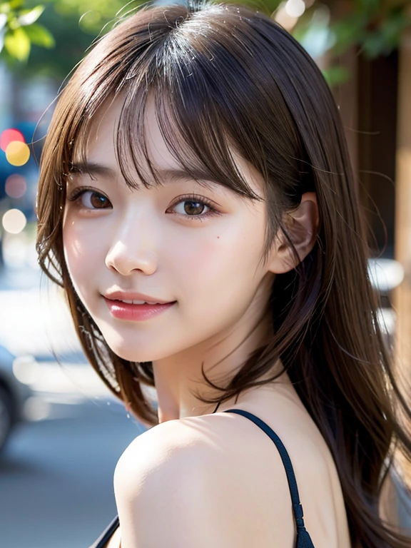 With the alleys of Kyoto in the background、18 year old girl、independent、facing forward、Light eye makeup、brown hair color、Flat 、hair blowing in the wind、quality of actress、shiny, super realistic face、smileの表情、Moist eyes、look up、calming lighting effect、 ultra-realistic capture、very detailed、High resolution 16K close-up of human skin。Skin texture must be natural、Must be detailed enough to see pores、skin is healthy、Must be even tone、Use natural light and color、High quality photos taken by a modeling agency&#39;Exclusive photographer、smile