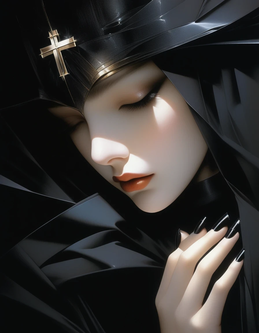 Close-up of pale hands with long black nails and cross ring, Kaneko, Half-closed eyes in the dark, Robert Ferrie (Roberto Ferri) Hajime Sorayama (Hajime Sorayama) style of