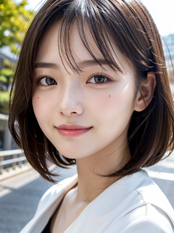 With the alleys of Kyoto in the background、18 year old girl、independent、facing forward、Light eye makeup、brown hair color、Flat 、hair blowing in the wind、quality of actress、shiny, super realistic face、smileの表情、Moist eyes、look up、calming lighting effect、 ultra-realistic capture、very detailed、High resolution 16K close-up of human skin。Skin texture must be natural、Must be detailed enough to see pores、skin is healthy、Must be even tone、Use natural light and color、High quality photos taken by a modeling agency&#39;Exclusive photographer、smile