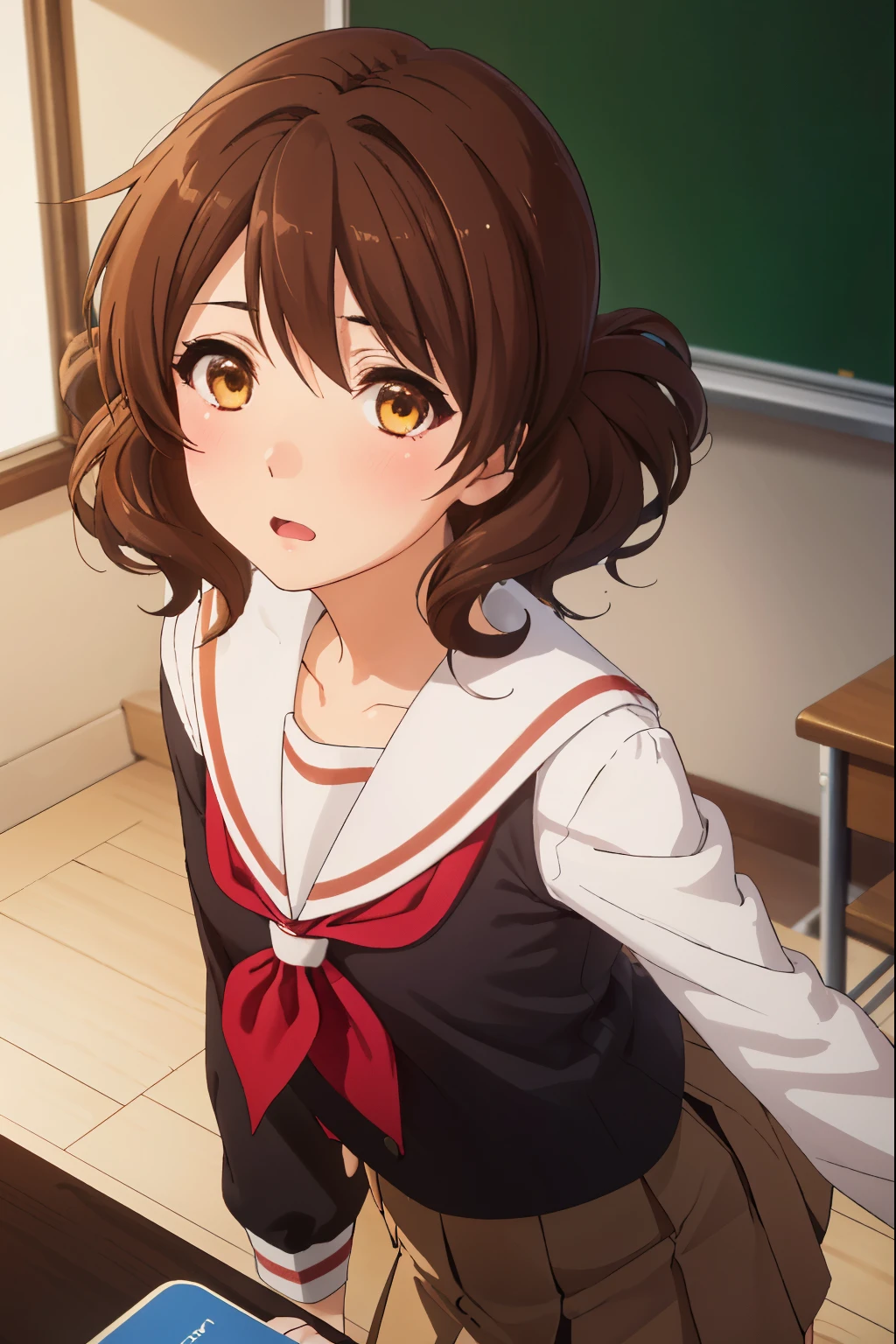 Stiff shoulder, kumiko oumae, (brown eyes:1.5), brown hair, short hair, wavy hair, (flat chest:1.2),
壊す brown shirt, brown skirt, kitauji high , long sleeve, neckerchief, pleated skirt, red neckerchief, sailor collar, , serafuku, shirt, skirt, uniform, white sailor collar,
壊す looking at viewer,
destroy indoors, classroom,Cowboy Shot
break (masterpiece:1.2), highest quality, High resolution, unity 8k wallpaper, (figure:0.8), (detailed and beautiful eyes:1.6), highly detailed face, perfect lighting, Very detailed CG, (perfect hands, perfect anatomy),