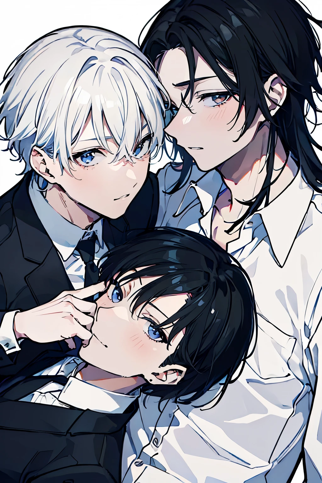 (muste piece), (best quality), very detailed, ((Two friendly men)), perfect face, beautiful face, very detailed顔，(black haired man:1.3)，(white haired man:1.3)，suit，shirt