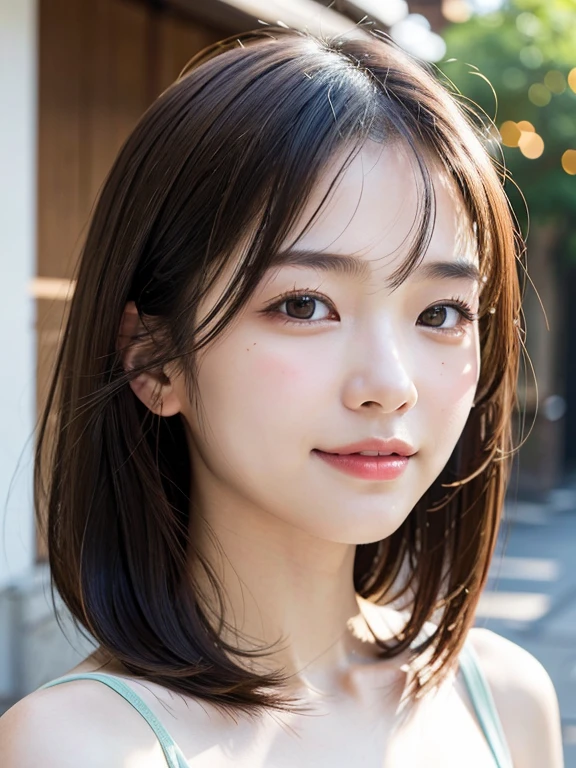 With the alleys of Kyoto in the background、18 year old girl、independent、facing forward、Light eye makeup、brown hair color、Flat 、hair blowing in the wind、quality of actress、shiny, super realistic face、smileの表情、Moist eyes、look up、calming lighting effect、 ultra-realistic capture、very detailed、High resolution 16K close-up of human skin。Skin texture must be natural、Must be detailed enough to see pores、skin is healthy、Must be even tone、Use natural light and color、High quality photos taken by a modeling agency&#39;Exclusive photographer、smile