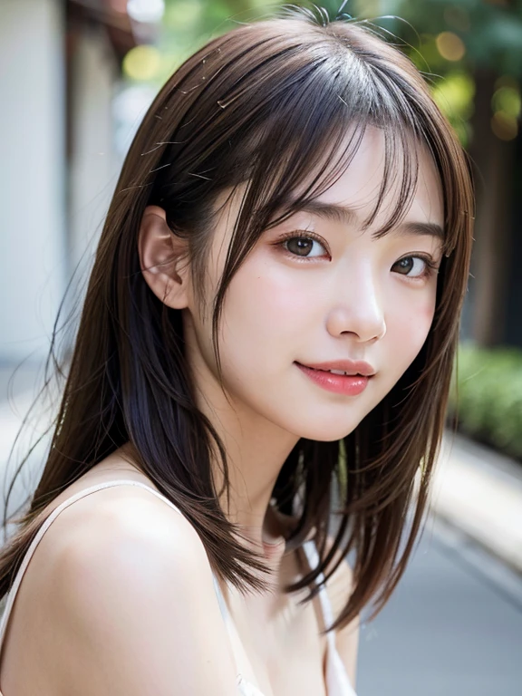 With the alleys of Kyoto in the background、18 year old girl、independent、facing forward、Light eye makeup、brown hair color、Flat 、hair blowing in the wind、quality of actress、shiny, super realistic face、smileの表情、Moist eyes、look up、calming lighting effect、 ultra-realistic capture、very detailed、High resolution 16K close-up of human skin。Skin texture must be natural、Must be detailed enough to see pores、skin is healthy、Must be even tone、Use natural light and color、High quality photos taken by a modeling agency'Exclusive photographer、smile