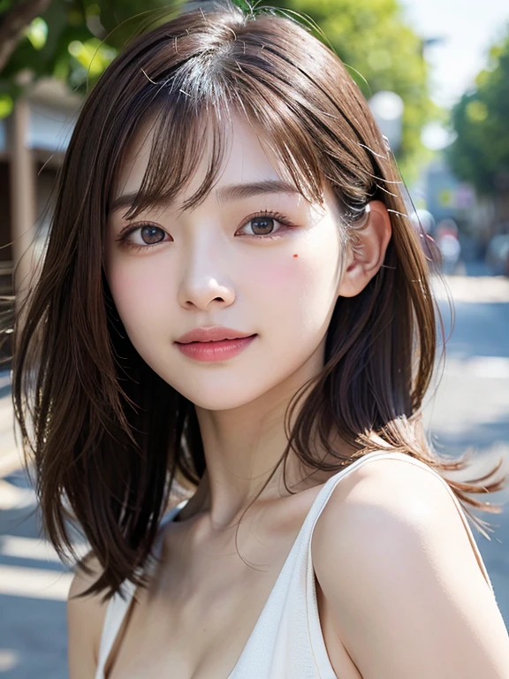 With the alleys of Kyoto in the background、18 year old girl、independent、facing forward、Light eye makeup、brown hair color、Flat 、hair blowing in the wind、quality of actress、shiny, super realistic face、smileの表情、Moist eyes、look up、calming lighting effect、 ultra-realistic capture、very detailed、High resolution 16K close-up of human skin。Skin texture must be natural、Must be detailed enough to see pores、skin is healthy、Must be even tone、Use natural light and color、High quality photos taken by a modeling agency&#39;Exclusive photographer、smile
