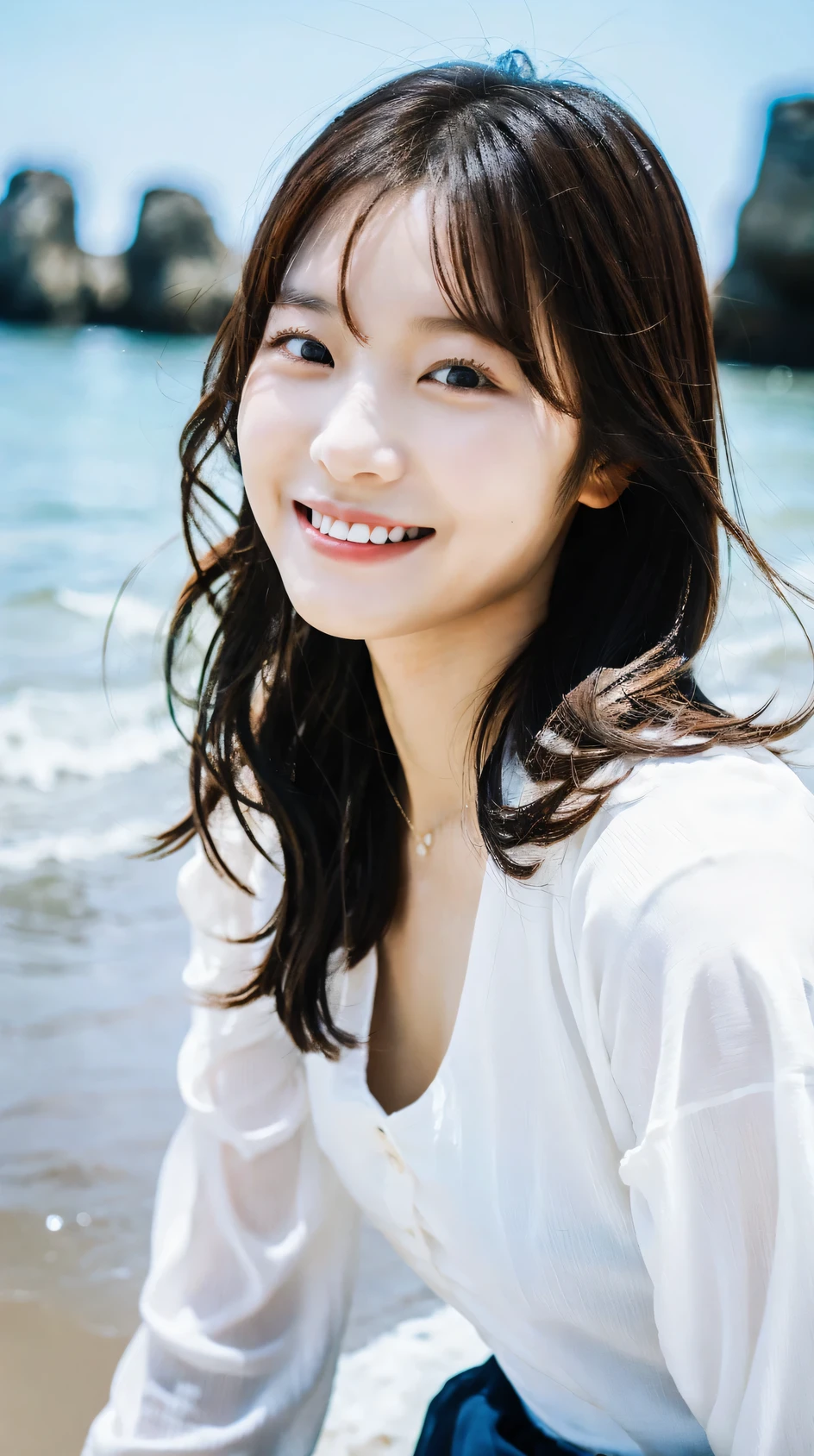 Cinematic Photo of a beautiful Korean fashion model smiling at beach