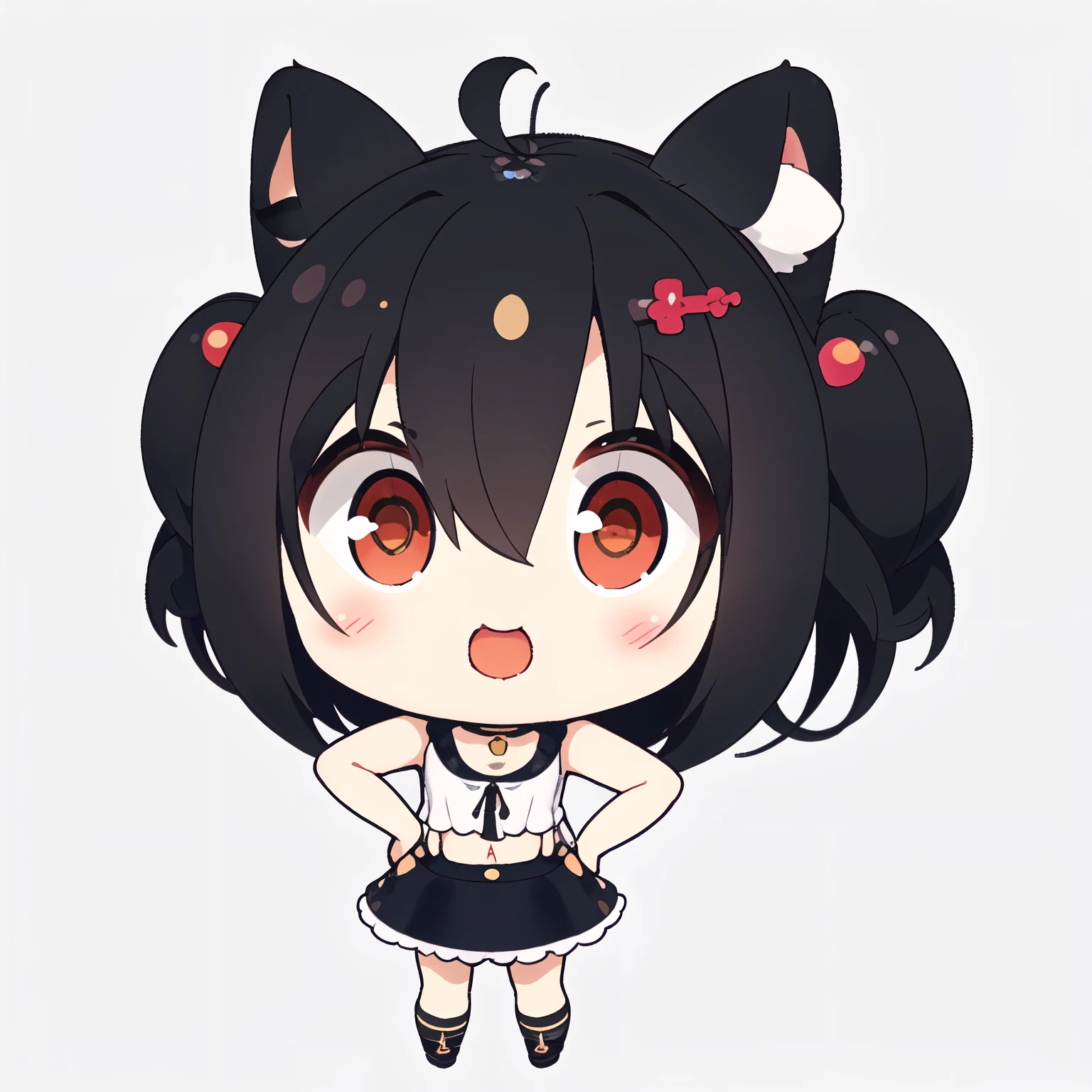 1 chica, (chibi:1.4), sonrisa, boca cerrada, parte superior del cuerpo, acostado en la cama, oreja de gato, PELO NEGRO, adentro, ojos rojos
