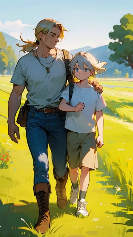 (best quality,4k,8k,highres,masterpiece:1.2)
A boy with short blonde hair and a man with long light grey hair tied in a ponytail are walking together in a field. The boy is approximately 10 years old, while the man appears to be his father. Both of them are smiling, radiating warmth and happiness. The atmosphere is filled with love and joy.
The field is lush and green, with tall grass swaying gently in the breeze. There are colorful wildflowers scattered throughout the landscape, adding a touch of vibrancy to the scene. The sky above is a clear blue, creating a beautiful backdrop for the duo's walk.
Their clothes are casual yet stylish. The boy is wearing a patterned t-shirt, denim shorts, and comfortable sneakers. The man is dressed in a crisp white shirt, khaki pants, and leather boots. Their attire reflects their individual personalities while still complementing each other.
The boy's eyes sparkle with innocence and curiosity, while the man's eyes exude wisdom and kindness. Their facial features are intricately detailed, capturing their unique characteristics and expressions.
The field stretches out into the distance, with rolling hills and distant trees creating a picturesque backdrop. The warm sunlight illuminates the scene, casting soft shadows and highlighting the textures of the grass and flowers.
The overall lighting is soft and diffused, giving the scene a warm and cozy ambiance. The sunlight creates a gentle glow, casting a natural and flattering light on the characters and the surrounding landscape.