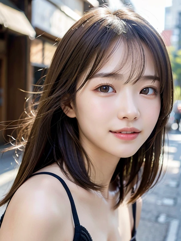 With the alleys of Kyoto in the background、18 year old girl、independent、facing forward、Light eye makeup、brown hair color、Flat 、hair blowing in the wind、quality of actress、shiny, super realistic face、smileの表情、Moist eyes、look up、calming lighting effect、 ultra-realistic capture、very detailed、High resolution 16K close-up of human skin。Skin texture must be natural、Must be detailed enough to see pores、skin is healthy、Must be even tone、Use natural light and color、High quality photos taken by a modeling agency'Exclusive photographer、smile