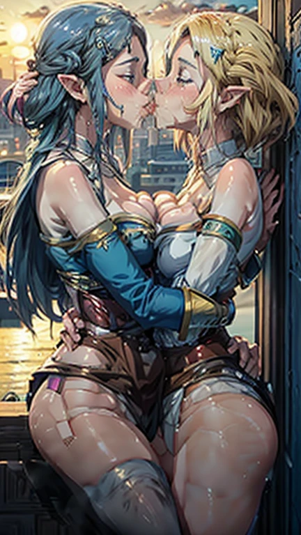 anime scene, 2 girls kissing (lesbian kissing), princess Zelda, hugging, touching each other, big breasts, big butt, revealing blue dress, on water, cityscape view, evening,sunset,