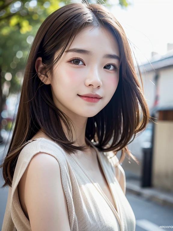 With the alleys of Kyoto in the background、18 year old girl、independent、facing forward、Light eye makeup、brown hair color、Flat 、hair blowing in the wind、quality of actress、shiny, super realistic face、smileの表情、Moist eyes、look up、calming lighting effect、 ultra-realistic capture、very detailed、High resolution 16K close-up of human skin。Skin texture must be natural、Must be detailed enough to see pores、skin is healthy、Must be even tone、Use natural light and color、High quality photos taken by a modeling agency'Exclusive photographer、smile