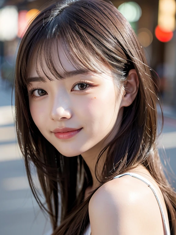 With the alleys of Kyoto in the background、18 year old girl、independent、facing forward、Light eye makeup、brown hair color、Flat 、hair blowing in the wind、quality of actress、shiny, super realistic face、smileの表情、Moist eyes、look up、calming lighting effect、 ultra-realistic capture、very detailed、High resolution 16K close-up of human skin。Skin texture must be natural、Must be detailed enough to see pores、skin is healthy、Must be even tone、Use natural light and color、High quality photos taken by a modeling agency'Exclusive photographer、smile