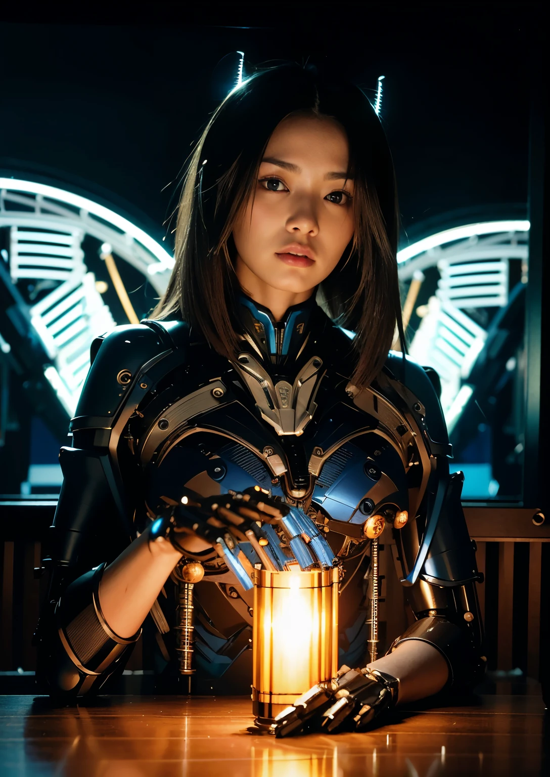 (masterpiece, best quality:1.2), (8k uhd, 16k, 32k, ultra high res), (photorealistic:1.37), (RAW photo), ultimate-realistic, ultimate-realistic details, ultimate-realistic texture, ultimate-intricate details, ultimate-realistic lighting, ultimate-realistic shadow, japanese girl, ultimate-cute face, ultimate-RAW skin, ultimate-realistic eyes, cyborgized Japanese woman, extremely ultra cute face, , skinny body, flat chest, (blue metallic mechanical frame:1.5), (Power cables connected throughout the body), detaile up, Instead of hair, there are cables growing out of it, mechanical fusion, mechanical skeleton, bio mechanics, mechanical life-form, highly intricate detail, extremely ultra real texture, human-like skin, realistic hair, ultra realistic details, professional lighting, (realistic:1.4), (RAW photo:1.2), (photorealistic:1.5)