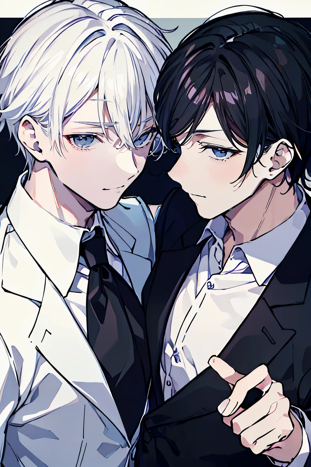 (muste piece), (best quality), very detailed, ((Two friendly men)), perfect face, beautiful face, very detailed顔，(black haired man:1.3)，(white haired man:1.3)，suit，shirt