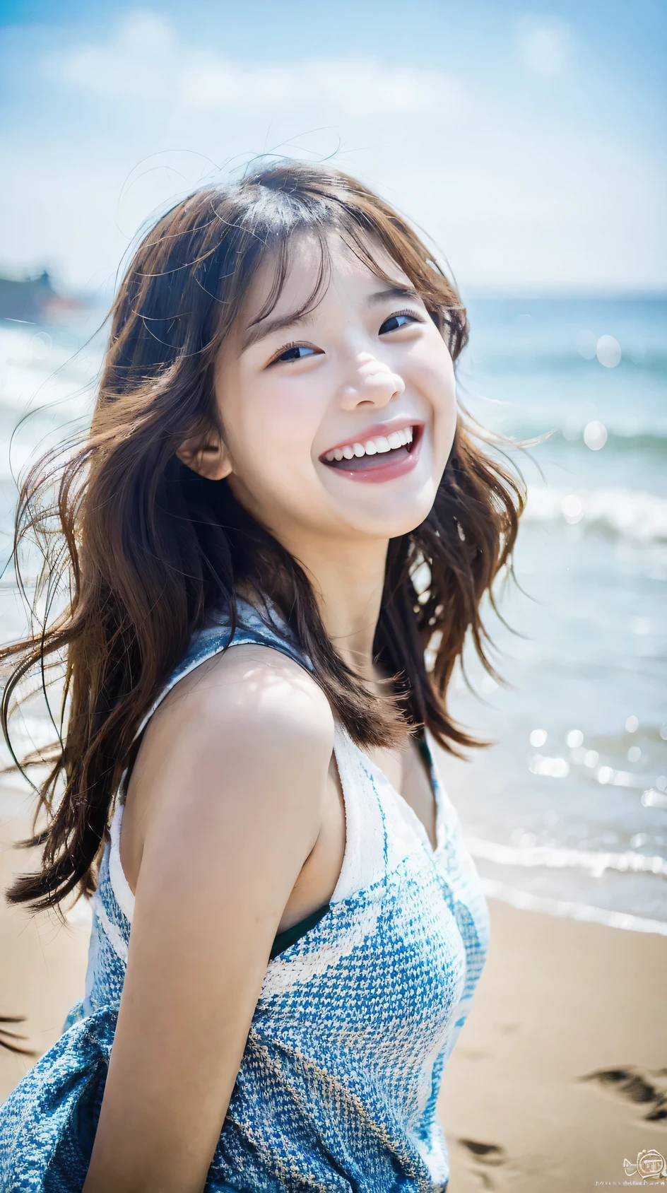 (Raw photo, highest quality), (8K, highest quality, masterpiece: 1.2), Super detailed, super resolution, a beautiful girl, at beach, (laughing:1.2), (open your mouth:1.1), (wide open eyes)