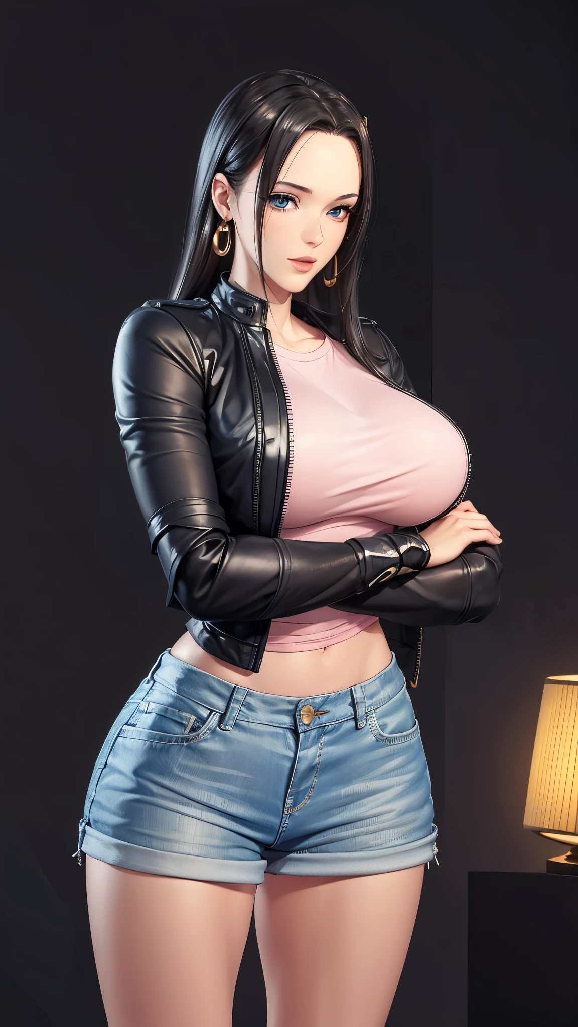 （（（完美figure，figure，Pink leather jacket, denim jacket, denim shorts， （（（boa hancock，Dark long hair, combed with a chiffon hairstyle, slightly wide forehead smooth and flat, deep blue eyes, slender and delicate corners of the eyes, almond eyes exuding a hint of coldness, nose bridge high and straight, nose small and delicate, lips soft without any wrinkles. Wearing a pair of snake shaped golden earrings under the ears）））((masterpiece)),high resolution, ((Best quality at best))，masterpiece，quality，Best quality，（（（ Exquisite facial features，looking at the audience,There is light in the eyes，(sticking out tongue, opening mouth)，））），型figure:1.7））），（（（Interlacing of light and shadow，huge boobs））），（（（looking into camera，black background，)）））