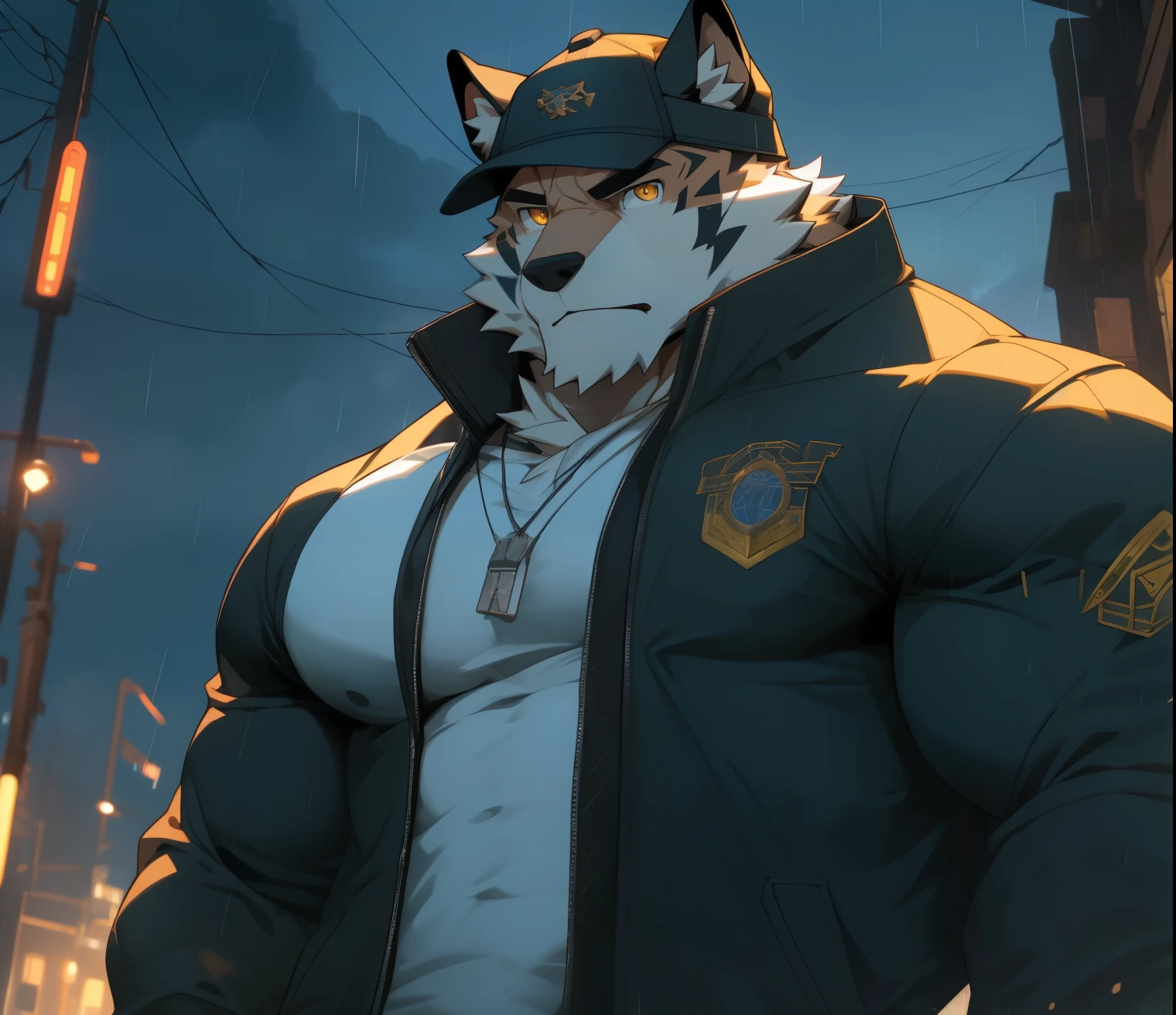 masterpiece，night，anthropomorphic dog，one person，（（（s hair））），male，26 years old，thick eyebrows，Light-colored fur，Strong body，Large pecs，（（（nude，White tracksuit，coat，Blue sports cap））），full-body shot，on city streets，（（（holding a machine gun））），（（（Ready to fight）））dark night，Light，sweating，（（（white hair））），Serious，emotional focus，looking at the enemy，Serious，vigilante，defend，golden pupils，big eyes，Strong，Lying on the bed On the sea of flowers，full body image，The sky is clouded over，cloudy day，green plants，it&#39;It&#39;s raining on the road，swamp area，broken twigs，forest，war（（（background：broken city 1.5））），（（（Detailed character description））），