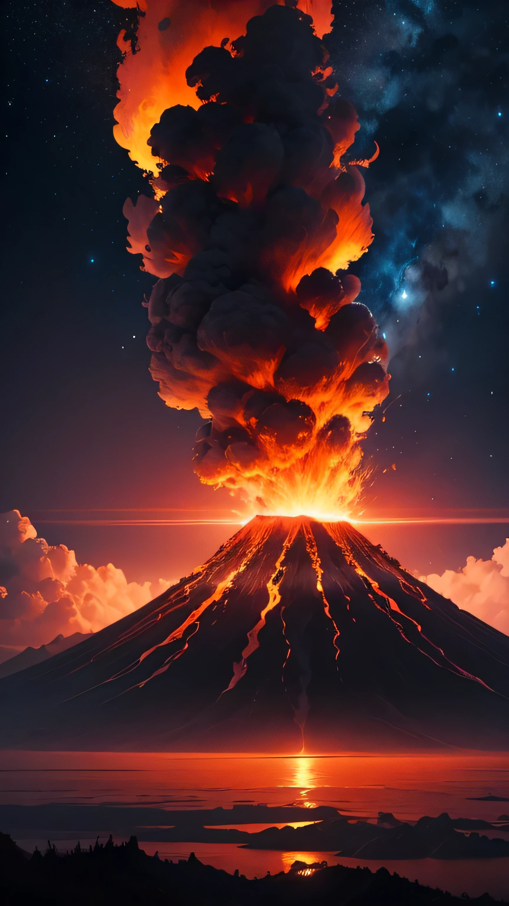 the eruption of Mount Krakatoa, giant monster, night sky, 8k