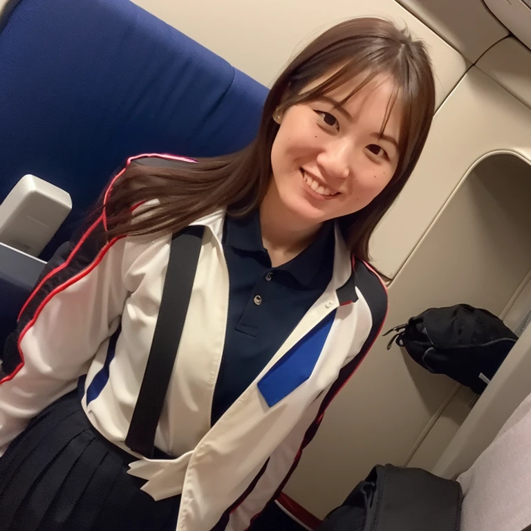 (highest quality,masterpiece:1.3,ultra high resolution),(Super detailed,caustics,8k),(photorealistic:1.4,RAW shooting),25 years old,Japanese,cute,stewardess uniform,black long hair,tights,smile and look down at the camera,big ,Are standing,inside the plane,low position,Low - Angle,face focus,Natural light