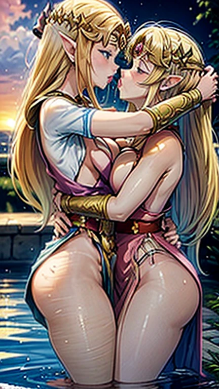 anime scene, 2 girls kissing (lesbian kissing), princess Zelda, one girl long hair, other girl short hair, blonde hair, soaking wet, hugging, touching each other, big breasts, big butt, revealing pink dress, side slit, open cleavage, in pool, submerged in water, sunset view, rainstorm, soaking wet