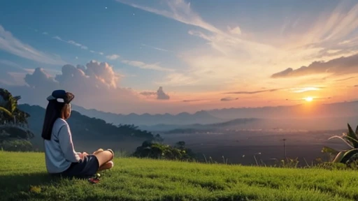 seorang pria duduk sendiri sambil melihat padang rumput yang luas saat senja yang langitnya oranye