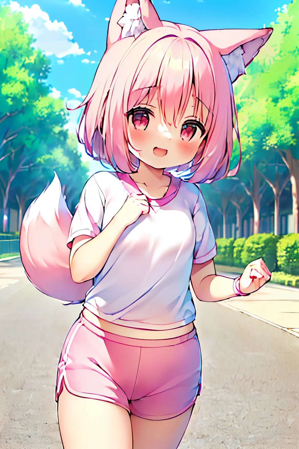 (((masterpiece))), (((最high quality))), (((high quality))), (((beautiful))), (((8K))), (((High resolution)) (((超High resolution))), (((High resolution))), (pink short hair:1.3), (Pink fox tail:1.4), (Pink fox tail:1.2), Pink fox ears with white tips, (pink eyes), small breasts, (cowboy shot:1.3), (laughing:1.3), (Paved walkway in the park:1.2),  park tree々, (running:1.4), (Run:1.5), (Girl running:1.4), (sportswear:1.5)