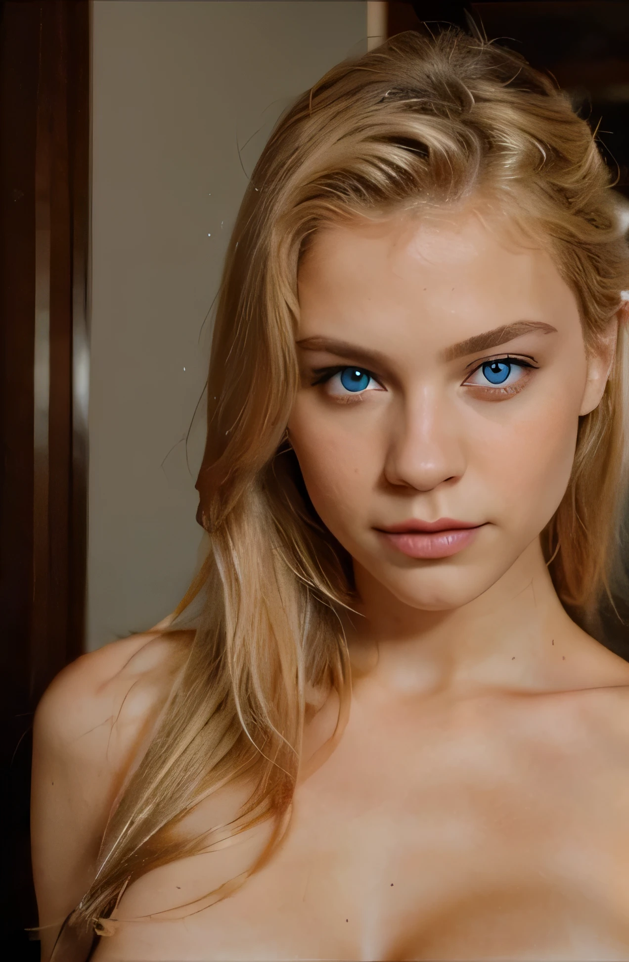 A very gorgeous 18 year old Russian women with blonde wavy hair and blue ish eyes looking directly in the camera completely naked with big . extremely realistic with realistic skin texture
