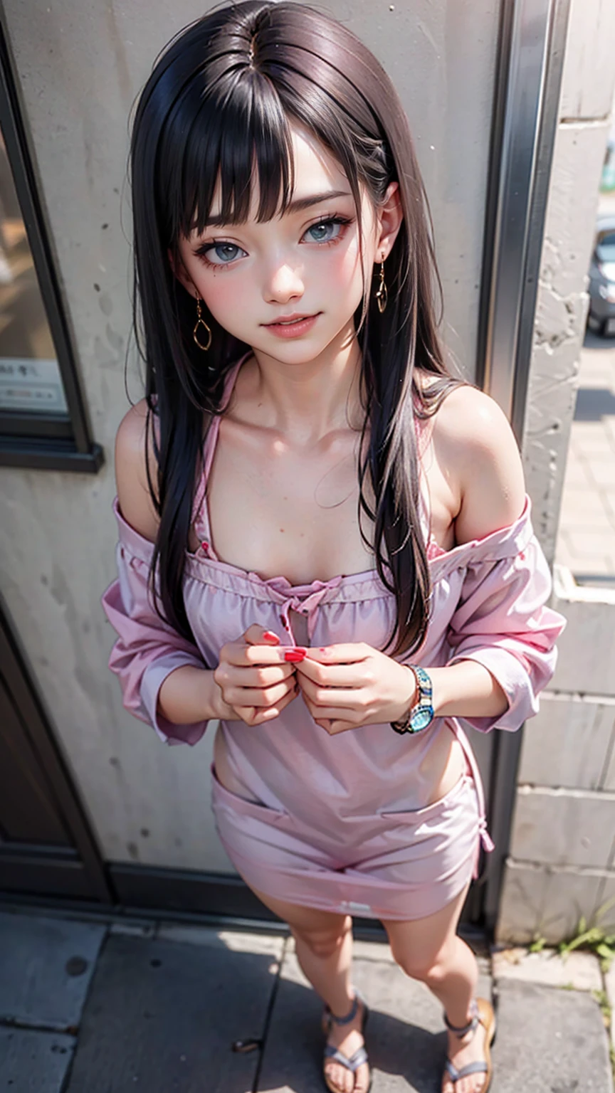 最high quality, 8K, masterpiece: 1.3, Ultra HD, high quality, 最high quality, High resolution, realism)) 、25 year old white woman、brunette、blue eyes、long hair、smile、slender、slenderだがアスリートのような細マッチョ、I don&#39;t want my head to disappear from the screen.、Wear accessories on your wrist、Wearing red nail polish、I have a peticure、aerial perspective((atmospheric perspective))、smile((smiley))、background blur((depth of field)、Wear a sheer, off-the-shoulder bodycon top、wear sandals、have a clutch bag、Being in the zoo、crystal earrings((crystal earrings))、inner color((colored inner hair))、long hair ((long hair))、Dark Blonde、Bangs at the parting((parted bangs))