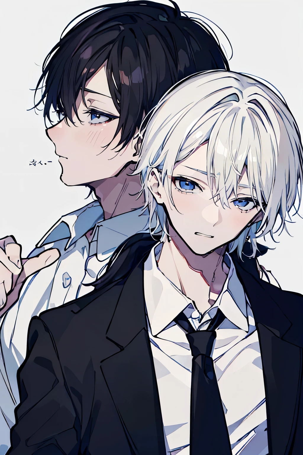 (muste piece), (best quality), very detailed, ((Two friendly men)), perfect face, beautiful face, very detailed顔，(black haired man:1.3)，(white haired man:1.3)，suit，shirt