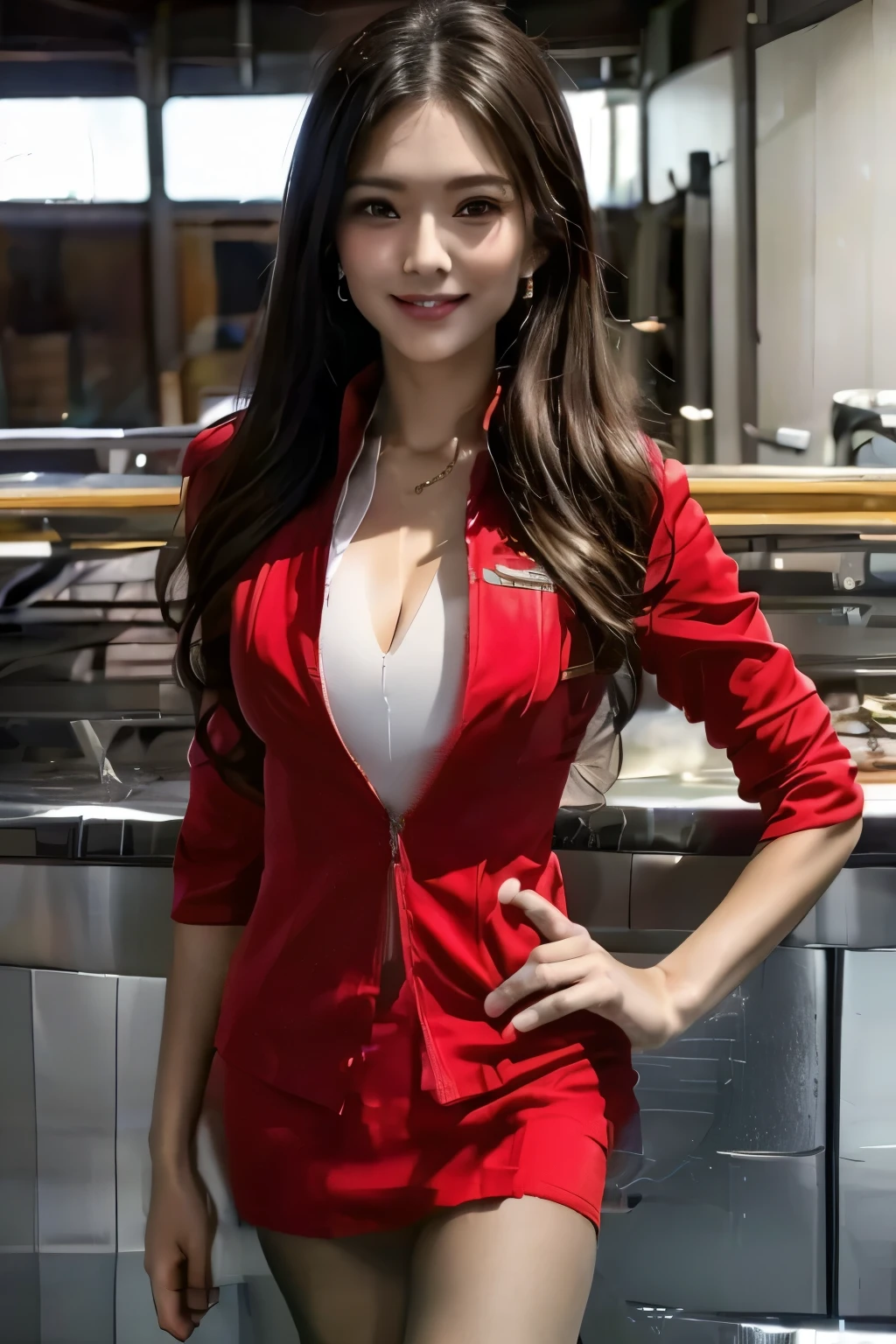 AirAsia stewardess uniform、Red fabric,AirAsia uniform red tight skirt,