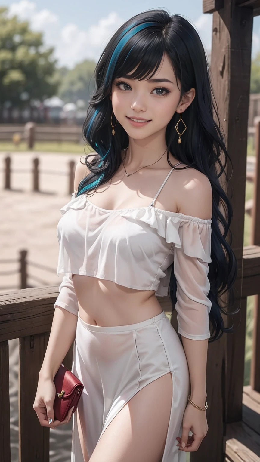 最high quality, 8K, masterpiece: 1.3, Ultra HD, high quality, 最high quality, High resolution, realism)) 、25 year old white woman、brunette、blue eyes、long hair、smile、slender、slenderだがアスリートのような細マッチョ、I don't want my head to disappear from the screen.、Wear accessories on your wrist、Wearing red nail polish、I have a peticure、aerial perspective((atmospheric perspective))、smile((smiley))、background blur((depth of field)、Wear a sheer, off-the-shoulder bodycon top、wear sandals、have a clutch bag、Being in the zoo、crystal earrings((crystal earrings))、inner color((colored inner hair))、long hair ((long hair))、Dark Blonde、Bangs at the parting((parted bangs))