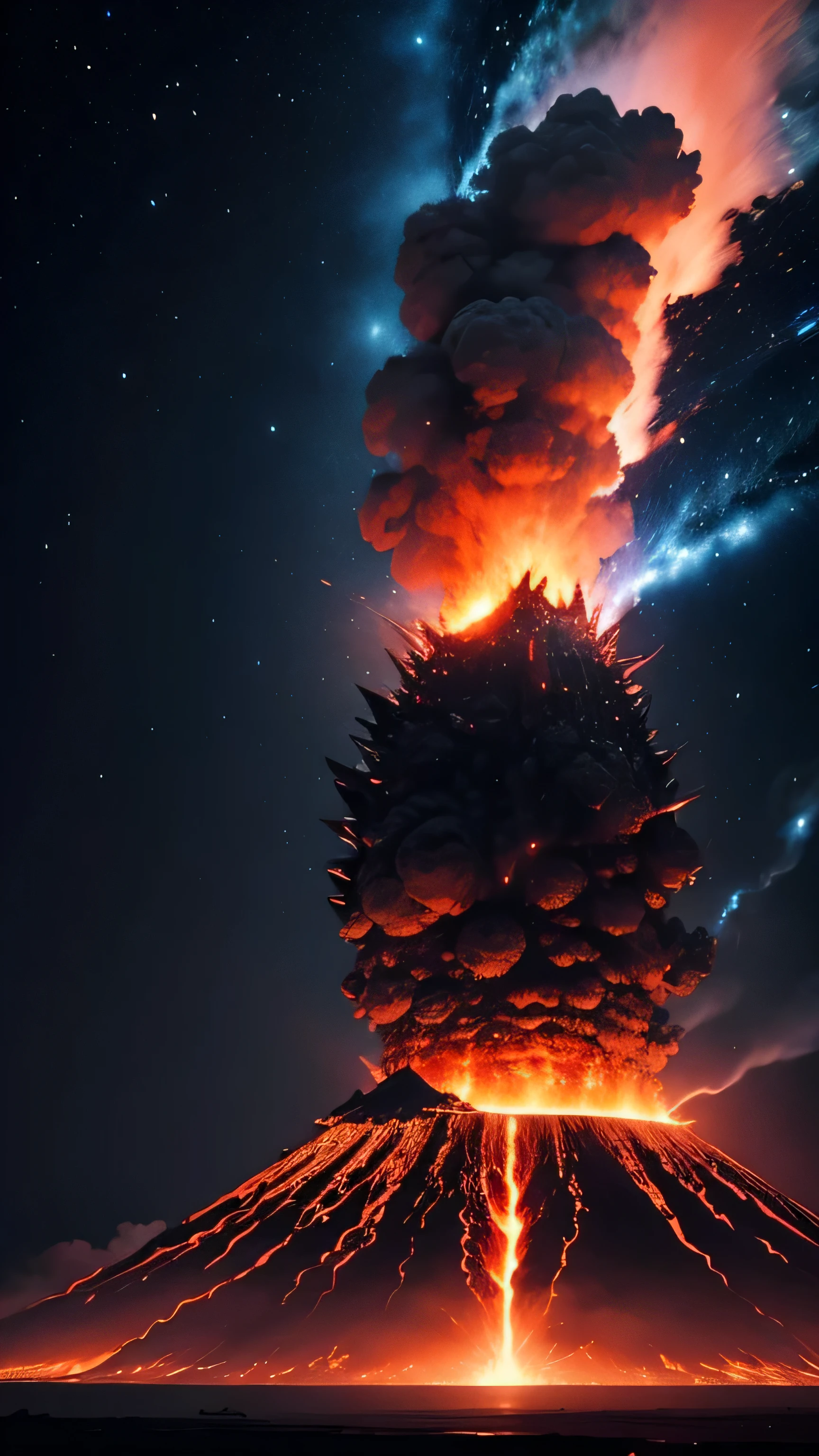 the eruption of Mount Krakatoa, giant godzilla, night sky, 8k