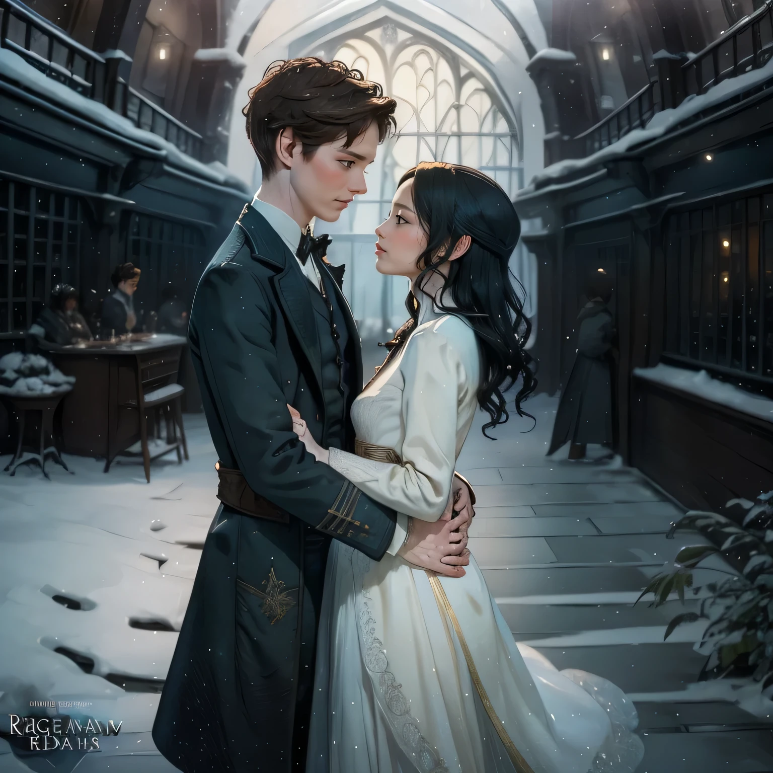 Eddie Redmayne Newt fantastic beasts hustler hugging medium hair white girl, Happy romantic couple, en un invernadero, correct anatomy, delicate pattern，estilo de pintura de tinta, colores limpios, soft lighting, (bokeh)，obra maestra, super detailed, epic composition, of the highest quality, 8K.