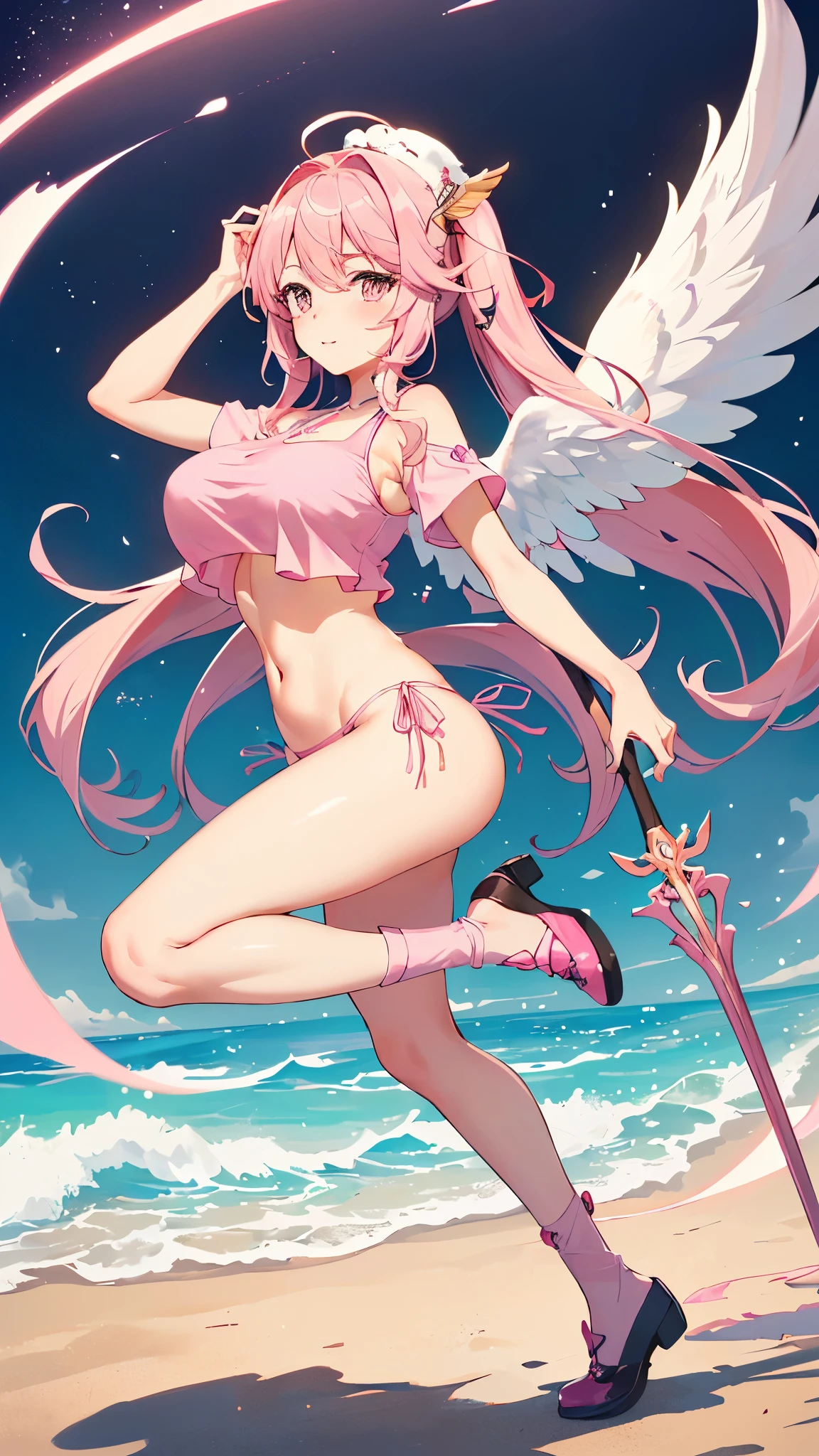 1girl, 8k, best quality, perfect body, UHD, meisterwerk, Beautiful girl, seductive girl, anime-girl, anime stil,((wearing a pink crop top, breasts stick out at the sides, Wearing a pink bikini bottom)), ((wears a pink stocking on her right leg, wears a brown shoe on the left foot)), ((has angel wings at the height of the buttocks, Pinke haare, lange haare, wears her hair open, very big breasts)), fliegt, Full body image, Jibril aus no game no life, tsundere, sexy, cute, hot