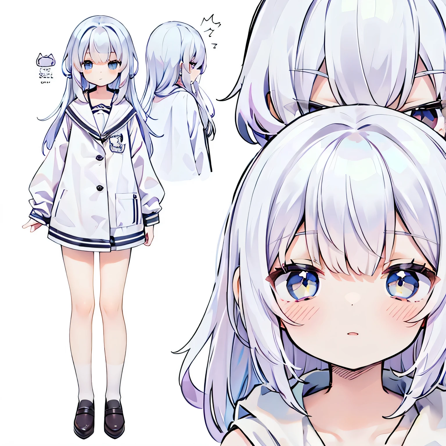 best quality, masterpiece), 1girl, ,cute, standing girl, three view drawing, front and back and side,full body,simple background,face close-up,eye best quality,thighs,simple shades,