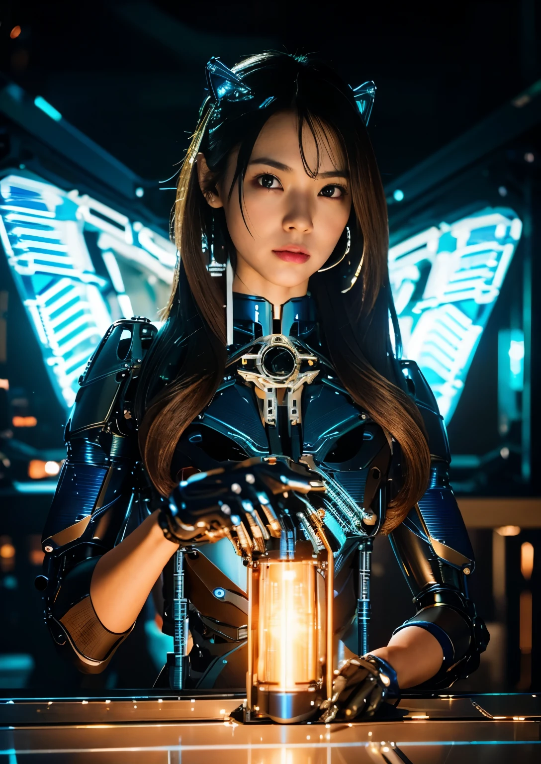 (masterpiece, best quality:1.2), (8k uhd, 16k, 32k, ultra high res), (photorealistic:1.37), (RAW photo), ultimate-realistic, ultimate-realistic details, ultimate-realistic texture, ultimate-intricate details, ultimate-realistic lighting, ultimate-realistic shadow, japanese girl, ultimate-cute face, ultimate-RAW skin, ultimate-realistic eyes, cyborgized Japanese woman, extremely ultra cute face, , skinny body, flat chest,  (blue metallic mechanical frame:1.5), (Power cables connected throughout the body), detaile up, Instead of hair, there are cables growing out of it, mechanical fusion, mechanical skeleton, bio mechanics, mechanical life-form, highly intricate detail, extremely ultra real texture, human-like skin, realistic hair, ultra realistic details, professional lighting, (realistic:1.4), (RAW photo:1.2), (photorealistic:1.5)