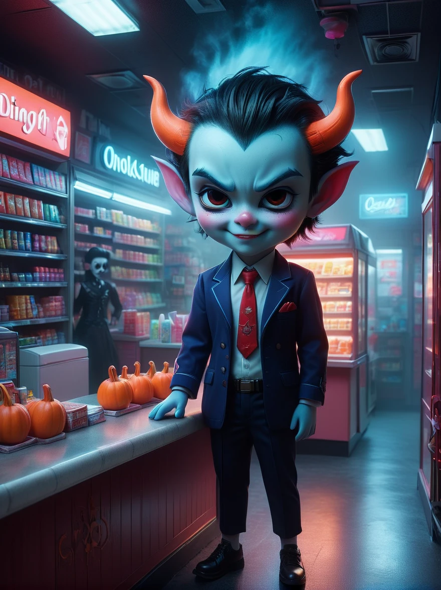 (1Cute Devil Clerk),(Spooky midnight convenience store:1.6),Arrange the goods,Thick fog pervades,Neon lights,Detailed convenience store interior,Mood lighting,Gloomy tones,dramatic shadows,Stand behind the counter,dark fantasy,fear,highest quality,8k,high resolution,(master level:1.2),Super details,Realistic,(Photorealism:1.3)