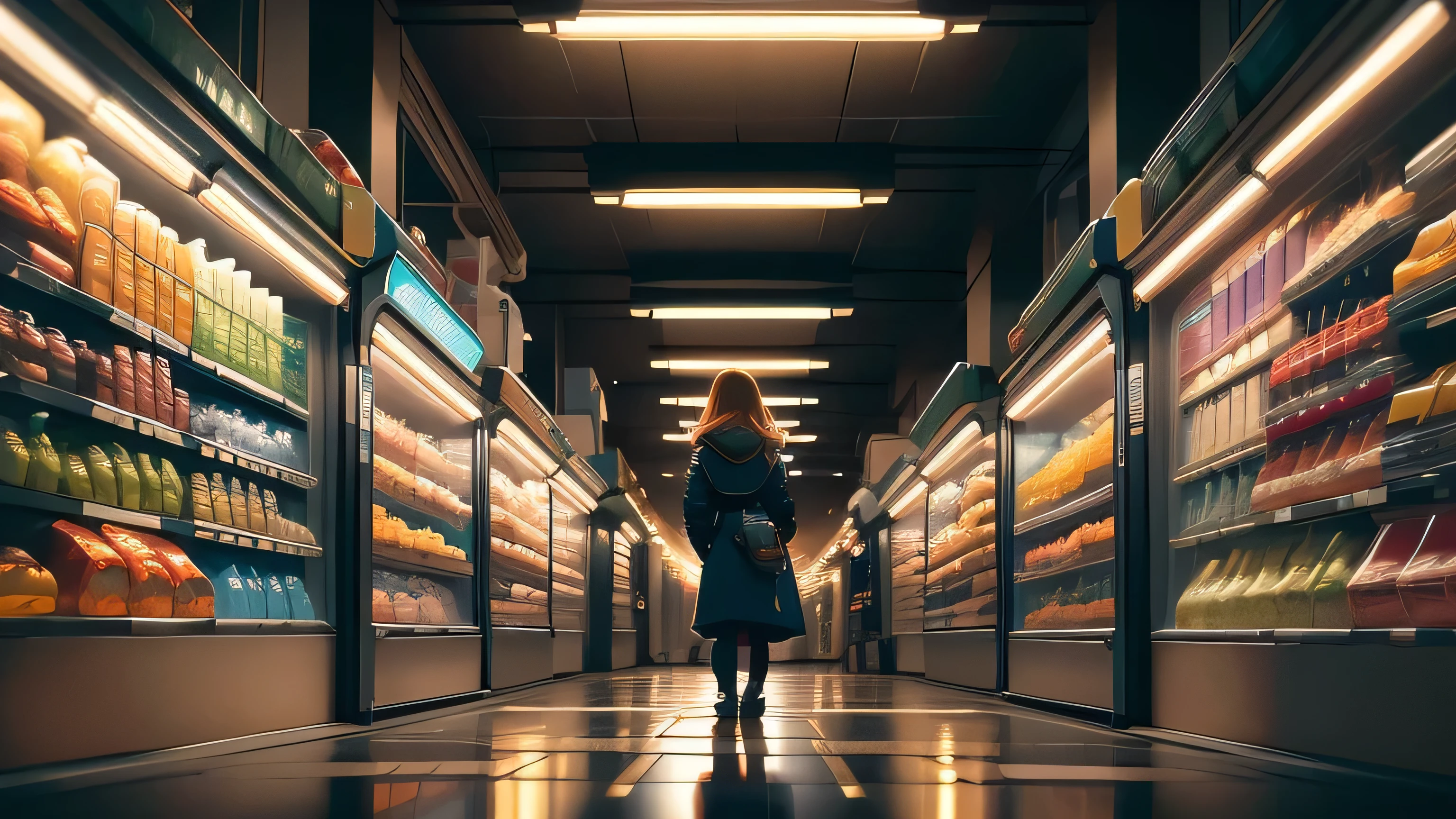 Shelves of a night grocery store: a girl in a midnight grocery store, detailed neon lights, shelves filled with snacks and drinks, the girl at the counter, wearing a uniform, a bored expression, small flashing lights, reflecting on the polished floor, late-night guests walking the alleys, mysterious atmosphere, dark shadows, strange silence, the sound of buzzing refrigerators, flickering fluorescent lights, empty streets outside, a row of parked bikes, distant floor lamps emitting a faint glow, dimly lit exterior panel, "Open 24 Hours", high quality image, 4k resolution, ultra-detailed and realistic rendering: 1.37, bright colors, cinematic feel