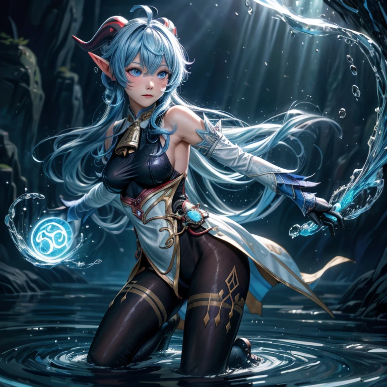 One woman, (masterpiece:1.3), (High resolution), (8k), (Very detailed), (4K), (Pixiv), Perfect Face, Beautiful eyes and face, (highest quality), (Very detailed), Detailed face and eyes, (alone), Textured skin,High resolution, Long Hair, Small breasts, Blue Eye, Latex leotard, bathroom, Crouching pose, Open your knees to the left and right, Puddle under the crotch, Vinyl Stockings, Side twin tail, Silver Hair, High heels, Elf, Gloss, Front facing, Gloss, One piece swimsuit、Water overflowing from swimsuit, Soaking wet sleeveless leotard Shiny Splash splash、 Ear skin color