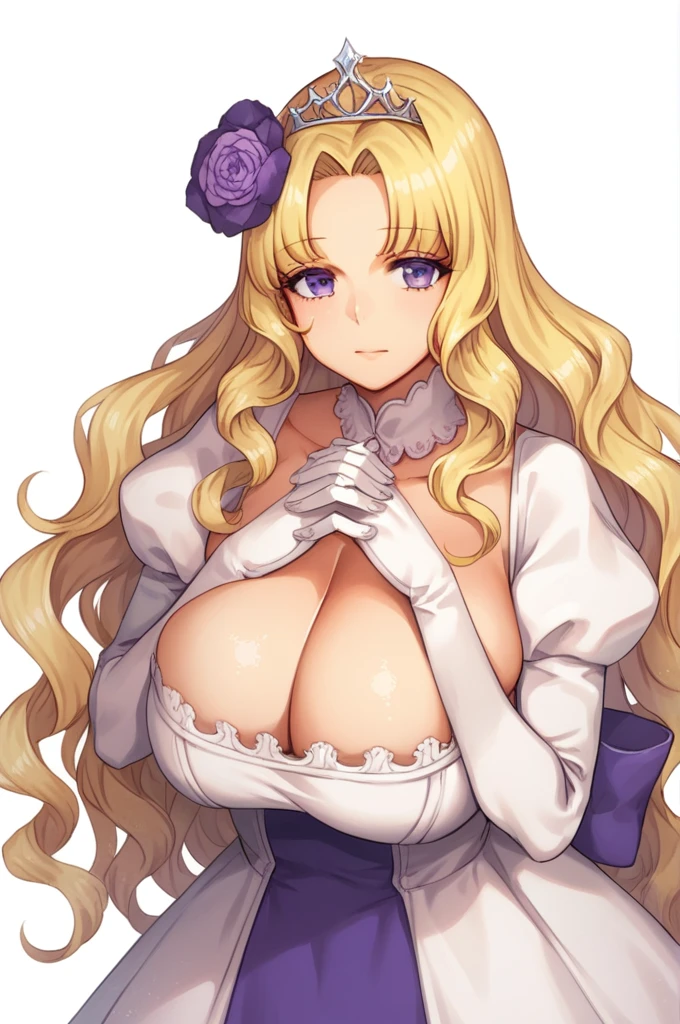 score_9, score_8_up, score_7_up, 1girl, blonde hair, solo, long hair, flower, dress, tiara, white dress, gloves, long sleeves, thick eyeblows, purple eyes, white gloves, purple bow, purple flower, wavy hair, standing, bow, jewelry, looking at viewer, white background, closed mouth, collarbone, puffy sleeves, own hands together, upper body, parted bangs, very long hair, purple dress, frills, bangs, cowboy shot, huge breast, cleavage
