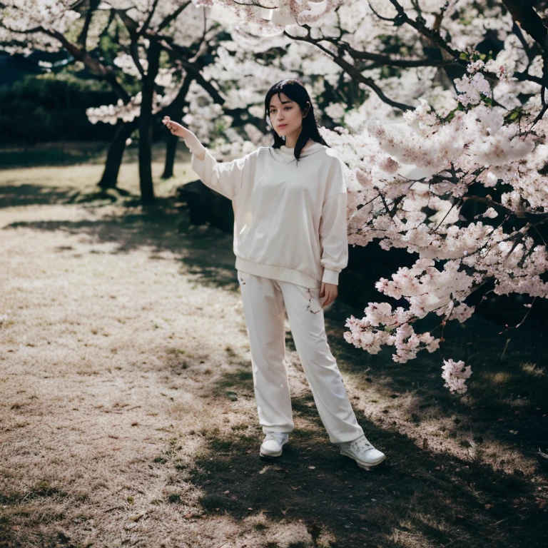 masterpiece, best quality, night, mountain, full moon, long black hair, woman, firefly, stars, mysterious cherry blossom tree, pink leaves, high quality, beautiful graphics, high detail