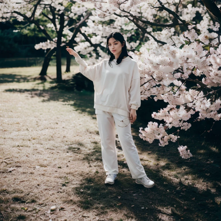 masterpiece, best quality, night, mountain, full moon, long black hair, woman, firefly, stars, mysterious cherry blossom tree, pink leaves, high quality, beautiful graphics, high detail