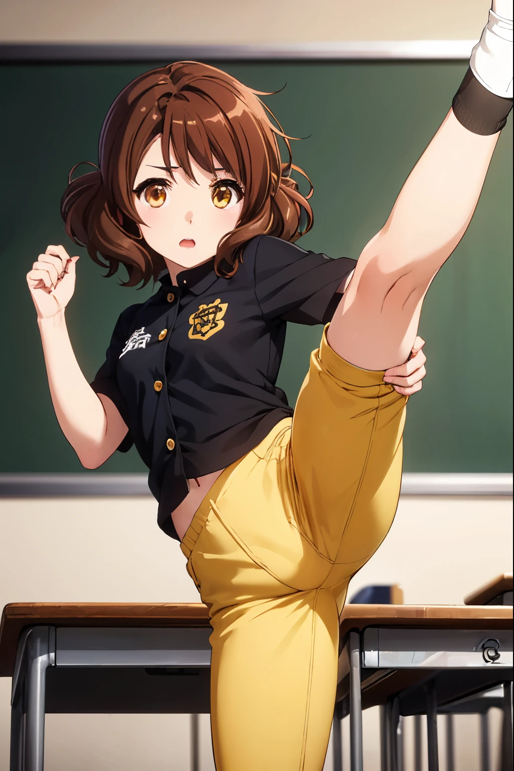 Kumiko Oumae, (brown eyes:1.5), brown hair, short hair, wavy hair,pants, 戦闘用pants ジーンズ、 classroom,kick、Lift your legs、high kick、廻しkick、kick倒す