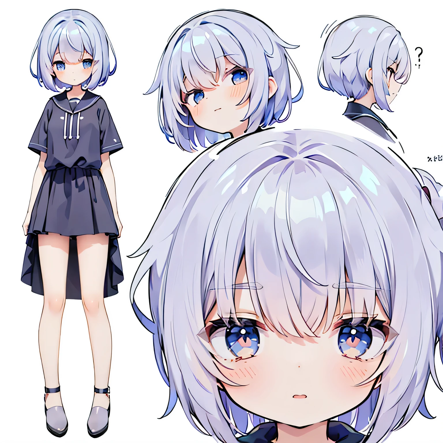 best quality, masterpiece), 1girl, 15 yo,cute, standing girl, three view drawing, front and back and side,full body,simple background,face close-up,eye best quality,thighs,simple shades,