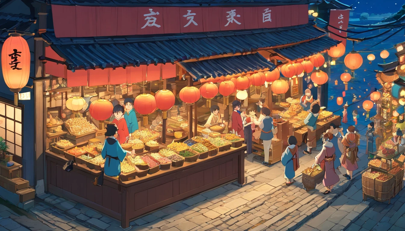 (High quality images)、(detailed images)、(((isometric art)))、(night)、(Traditional Japanese Festival)、There are many、Opening a store、stall、Mikoshi